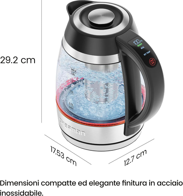 CHEFMAN Elektrischer Wasserkocher, 1.8L 2200W mit Tee-Ei, heisses Wasser in 3 Minuten, LED-Licht, au