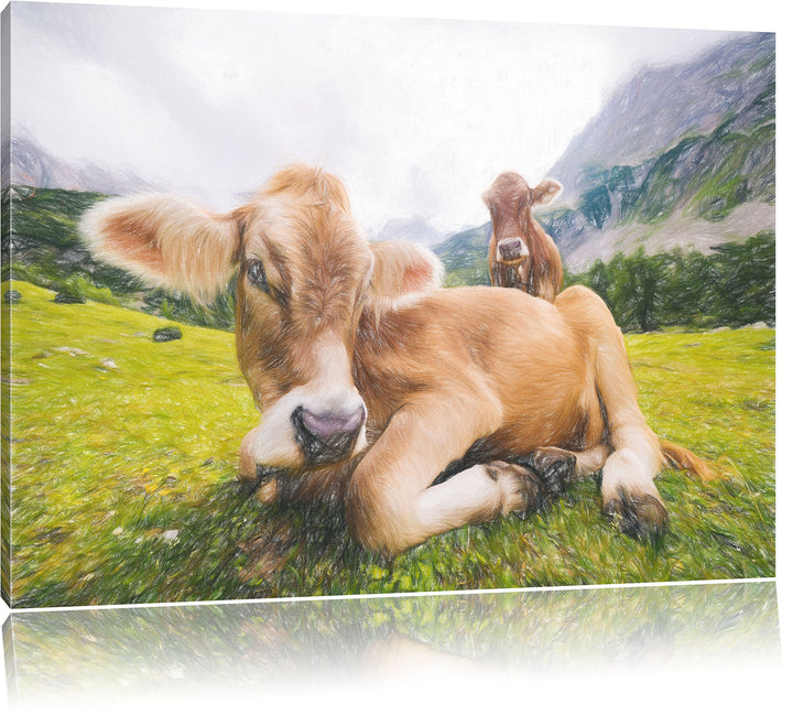 Pixxprint Almkuh in den Bergen / 100x70cm Leinwandbild bespannt auf Holzrahmen/Wandbild Kunstdruck D