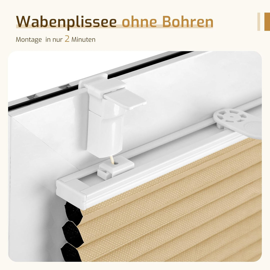 Grandekor Wabenplissee ohne Bohren Weiss-Beige 45x110cm (BxH) | Verdunklungsplissee Klemmfix Plissee