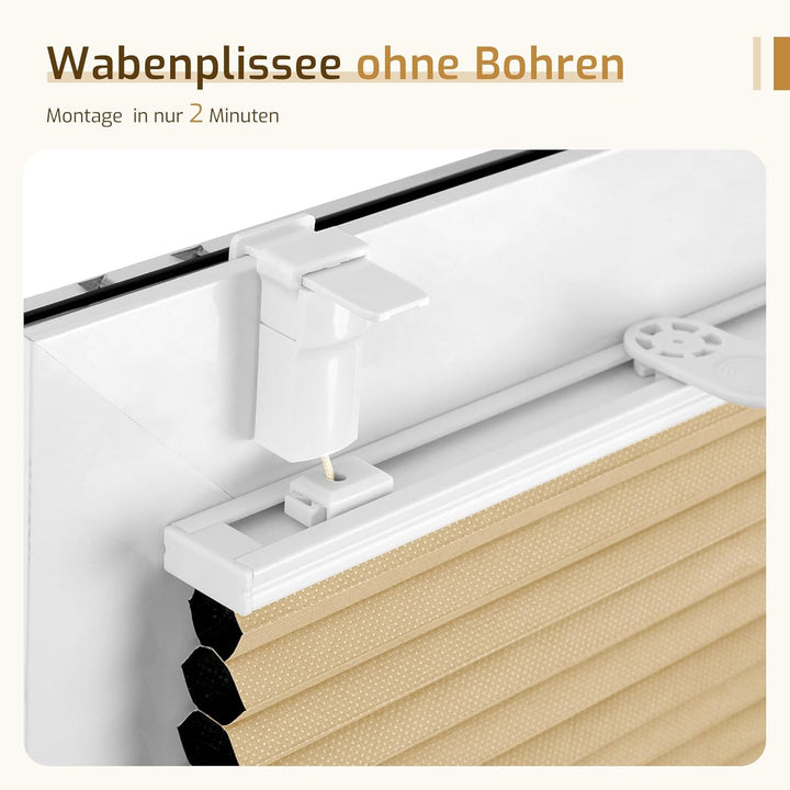 Grandekor Wabenplissee ohne Bohren Weiss-Beige 45x110cm (BxH) | Verdunklungsplissee Klemmfix Plissee