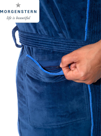 Morgenstern Bademantel Herren Kapuze 100% Baumwolle Frottee Velours Lang Finn M Blau, M Blau