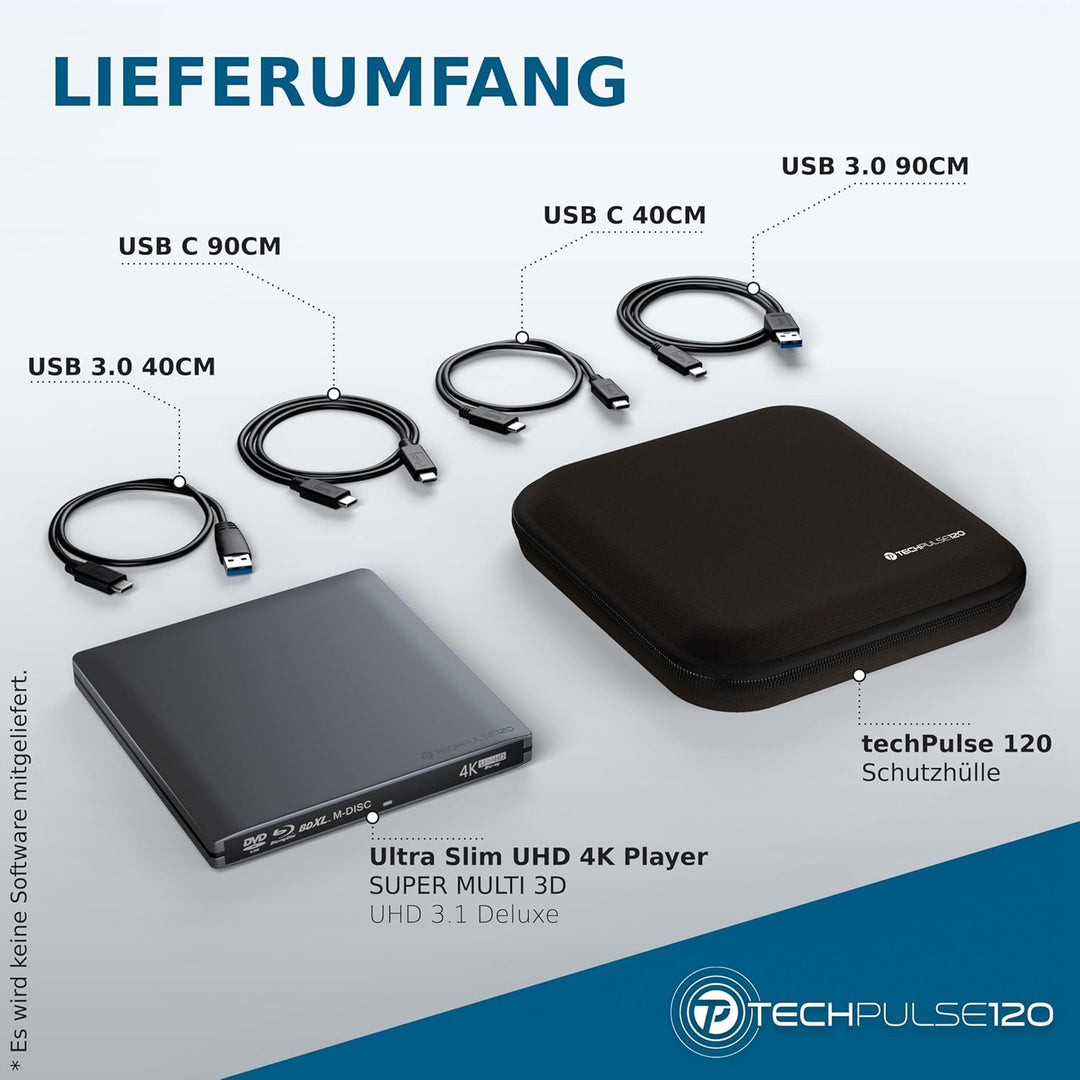 techPulse120 Externes USB 3.1 Blu-ray DVD CD USB-C UHD 4k 3D M-DISC BDXL HDR10 128GB Laufwerk Brenne