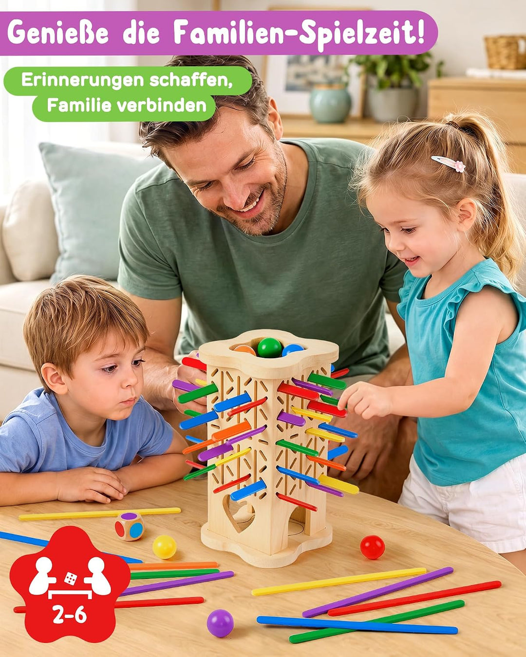 Montessori Holz Brettspiel ab 3–6 Jahre mit bunten Stäbchen & Ball | Holzspielzeug Kinder, Lernspiel