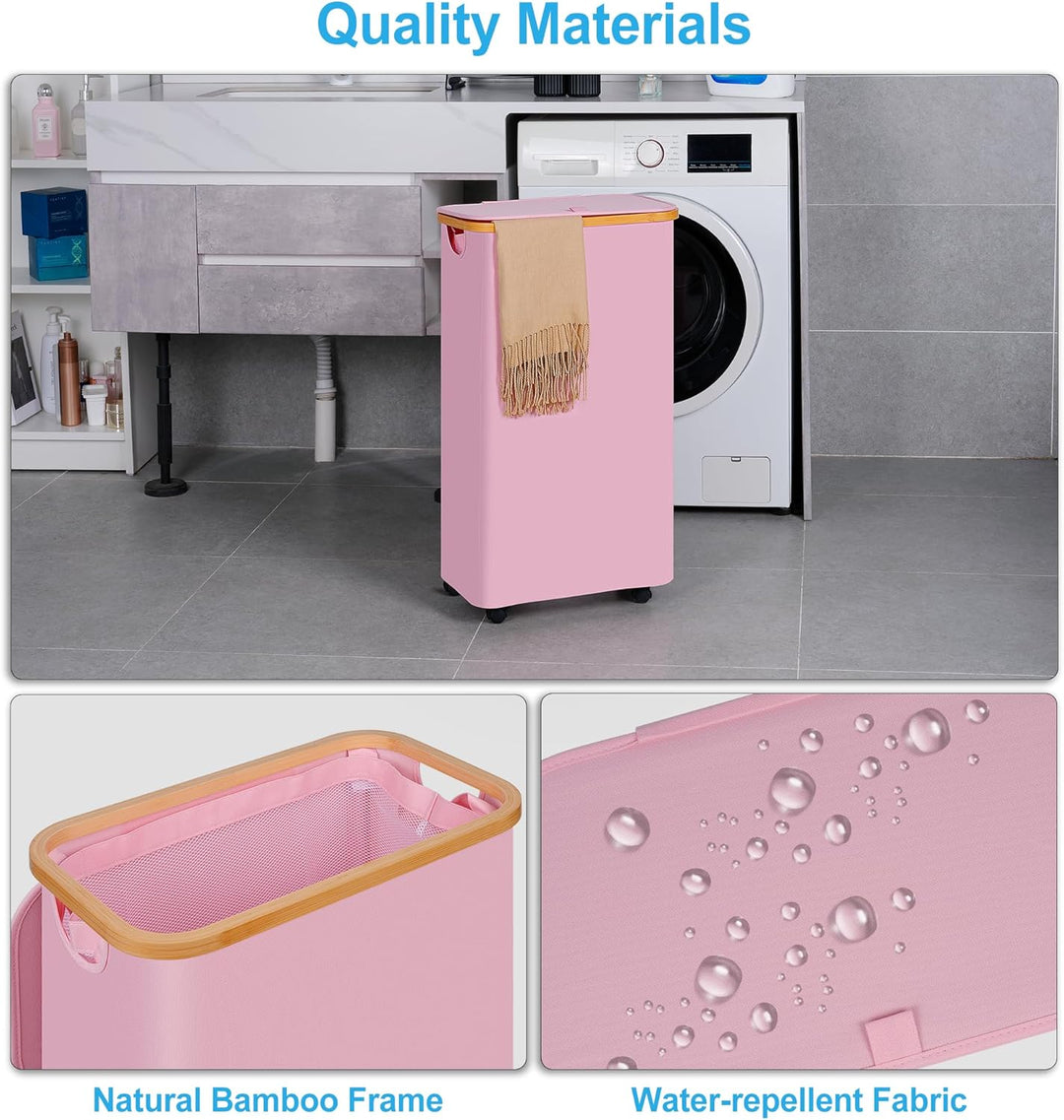 efluky Wäschekorb mit Rollen, 75L Faltbarer Wäschekorb mit Deckel, Rosa Schlanker Wäschebehälter mit