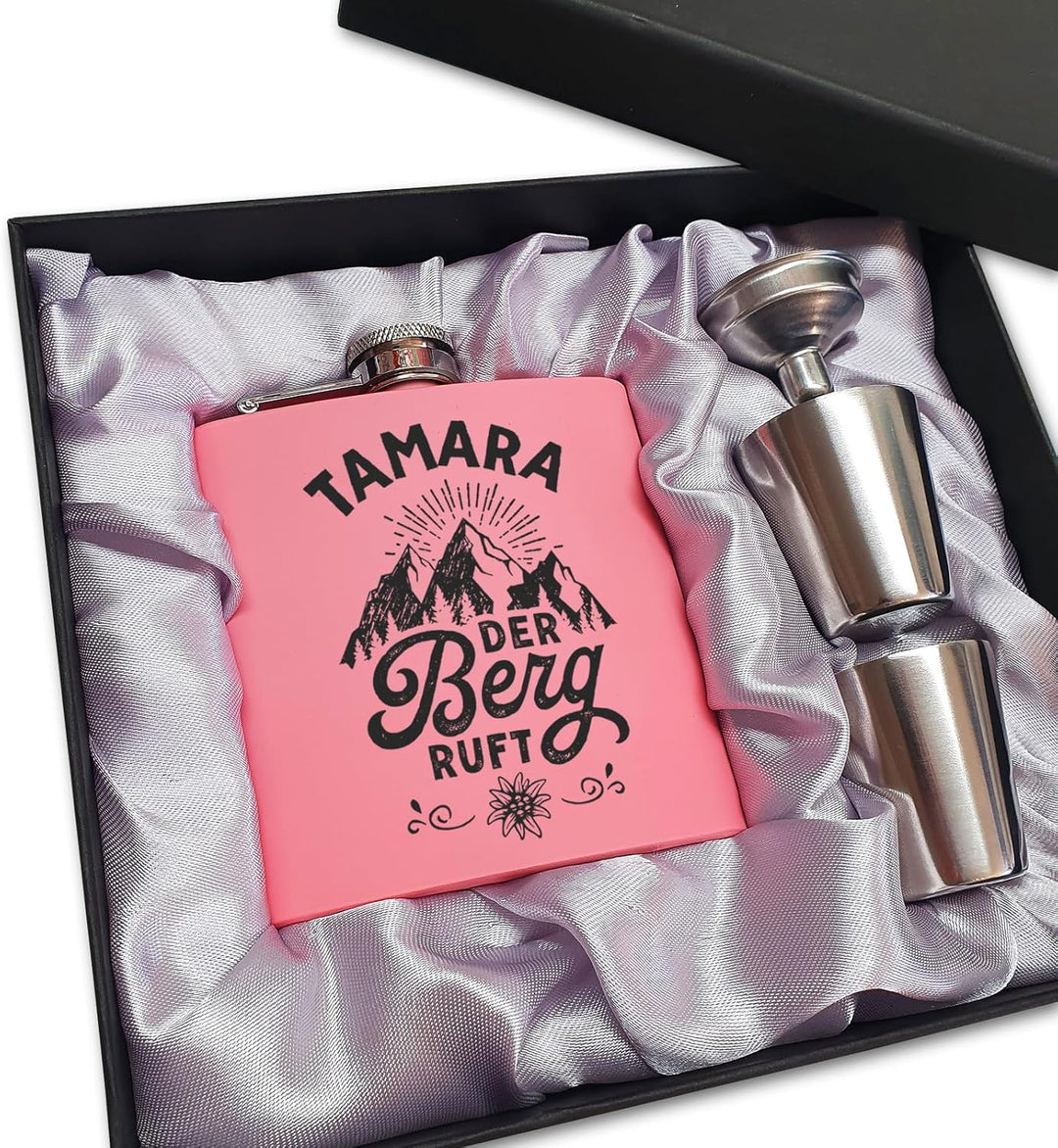 Der Berg ruft Flachmann Skifahren Berg Flachmann Ski Geschenk Wandern personalisiert mit Gravur Pink