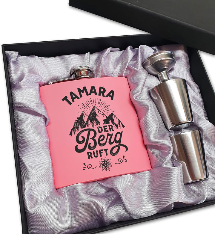 Der Berg ruft Flachmann Skifahren Berg Flachmann Ski Geschenk Wandern personalisiert mit Gravur Pink