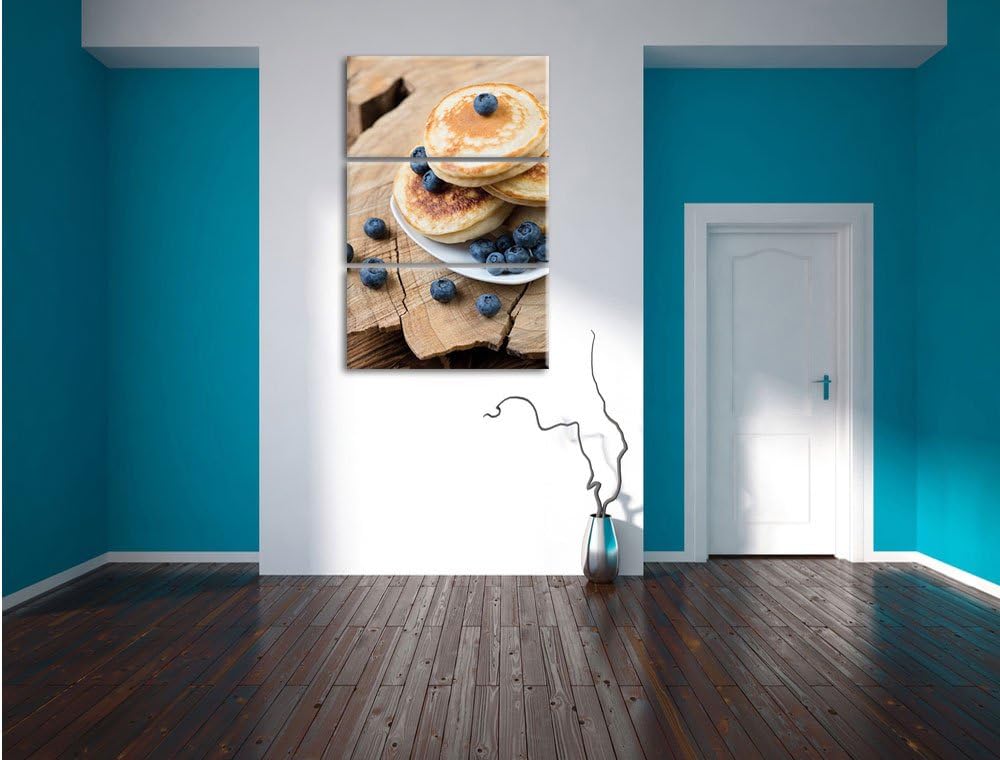 Pixxprint Pancakes mit Blaubeeren als Leinwandbild | Grösse: 3 Teilig (120x80) | Wandbild| Kunstdruc