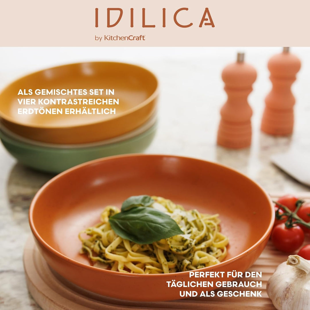 KitchenCraft Idilica Nudelschalen aus Steinzeug, 4er-Set flache Keramikschalen, mikrowellen- und spü
