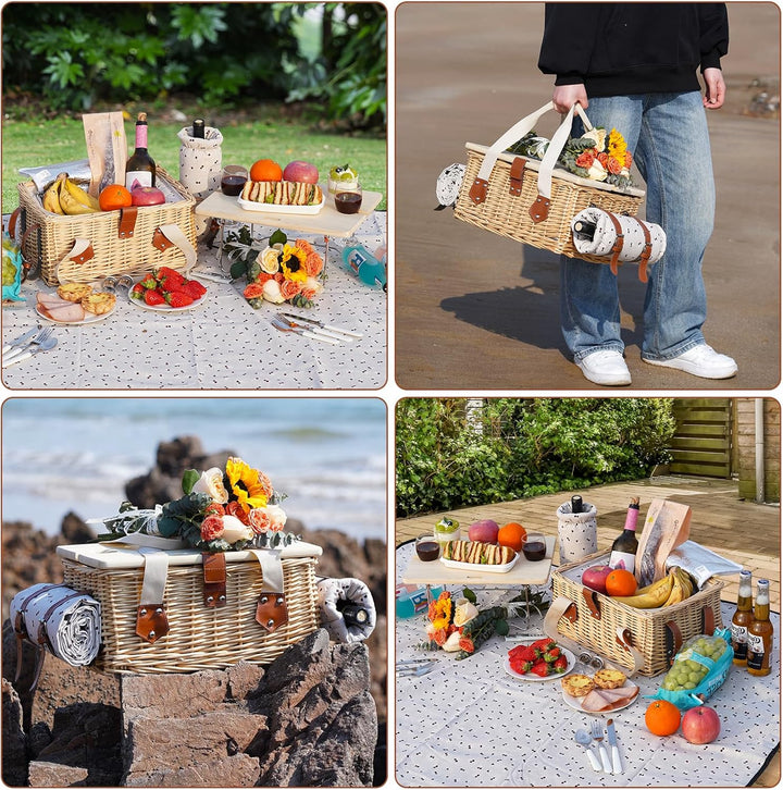 Picknickkorb-Set mit Mini-Klapptisch und Besteck-Set, Picknickkorb für 2 Personen mit kühltaschen, F