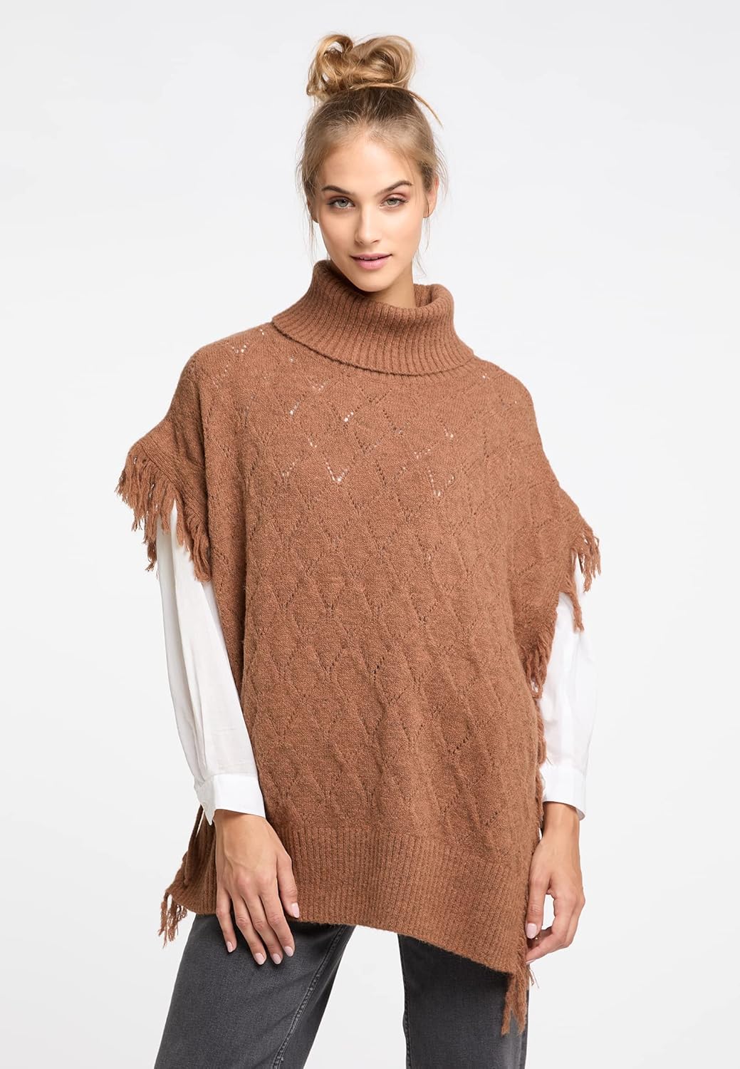 IZIA Damen Strick Poncho XS-S Braun, XS-S Braun