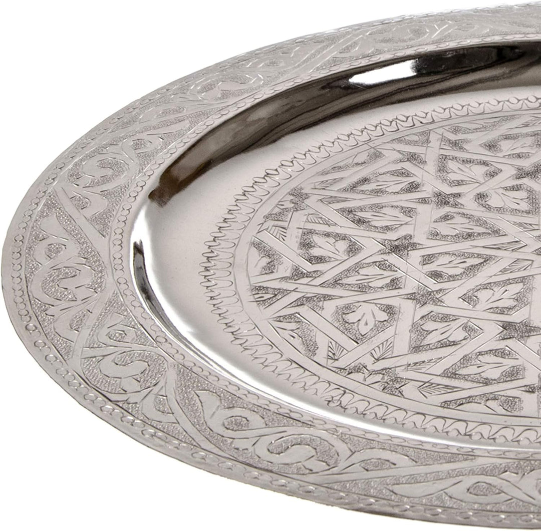Orientalisches rundes Tablett aus Messing Mehdia 25cm Deko Silber | Marokkanisches Teetablett in der