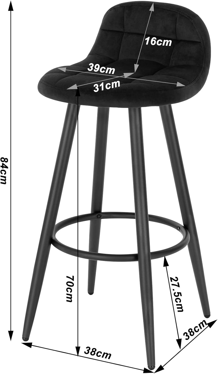 WOLTU Barhocker 2er Set, Barstuhl mit Samtbezug, gepolsterter Küchenhocker, mit Rückenlehne und Fuss