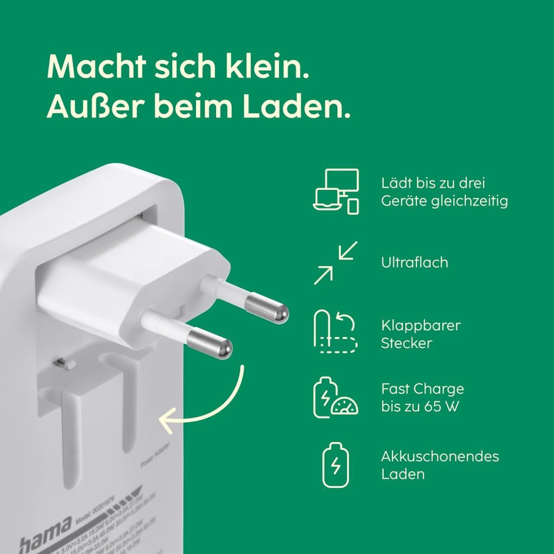Hama USB C Ladegerät (Schnellladegerät 65 Watt, Ladestecker für Steckdose 2X USB-C, 1x USB-A, für Ha