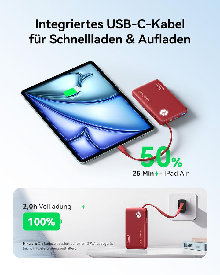 INIU 45W Power Bank, Mini-Grösse 10000mAh PowerBank mit Integriertem USB-C Kabel, Schnellladen Exter