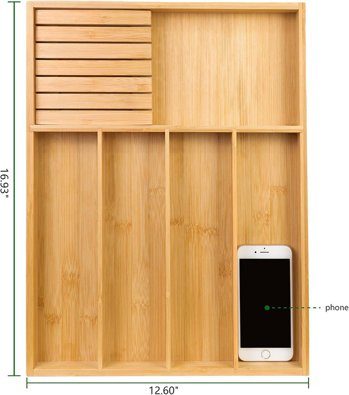 VaeFae Bambus-Besteck-Organizer, Utensilienhalter für Schublade, Holzbesteckablage mit Trennwand für