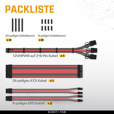 EZDIY-FAB PCIE 5.0 12VHPWR Sleeved Cable Kit,16AWG Stromversorgungskabel Verlängerung,24PIN-ATX/(4+4