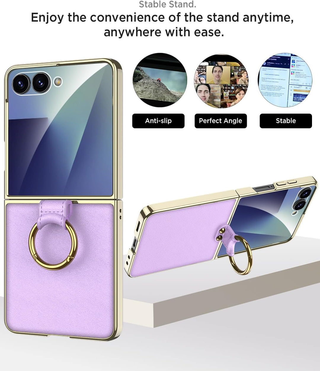 Miimall Lederhülle Kompatibel mit Samsung Galaxy Z Flip 7 Hülle mit Band+Ring Ständer [HD Displaysch