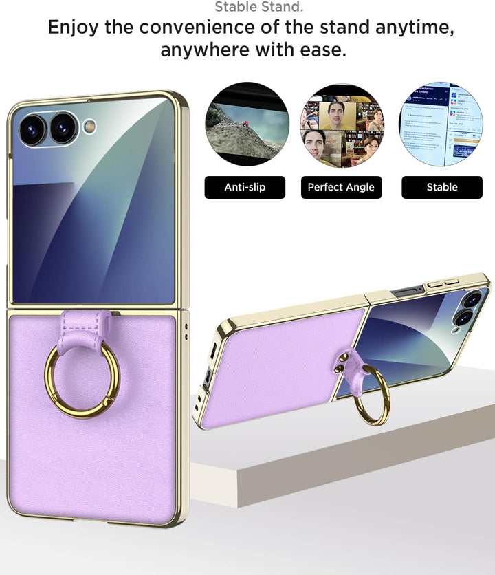 Miimall Lederhülle Kompatibel mit Samsung Galaxy Z Flip 7 Hülle mit Band+Ring Ständer [HD Displaysch