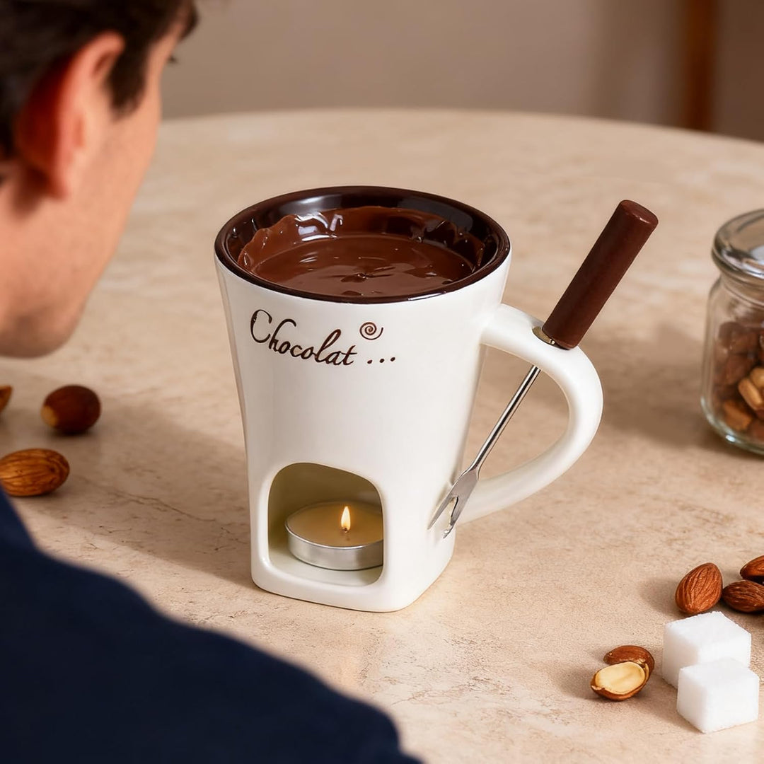 Schokoladen-Fonduetasse mit Gabeln, 130 ml, Schokoladenschmelzbecher, Keramik-Butterwärmer, Set, per