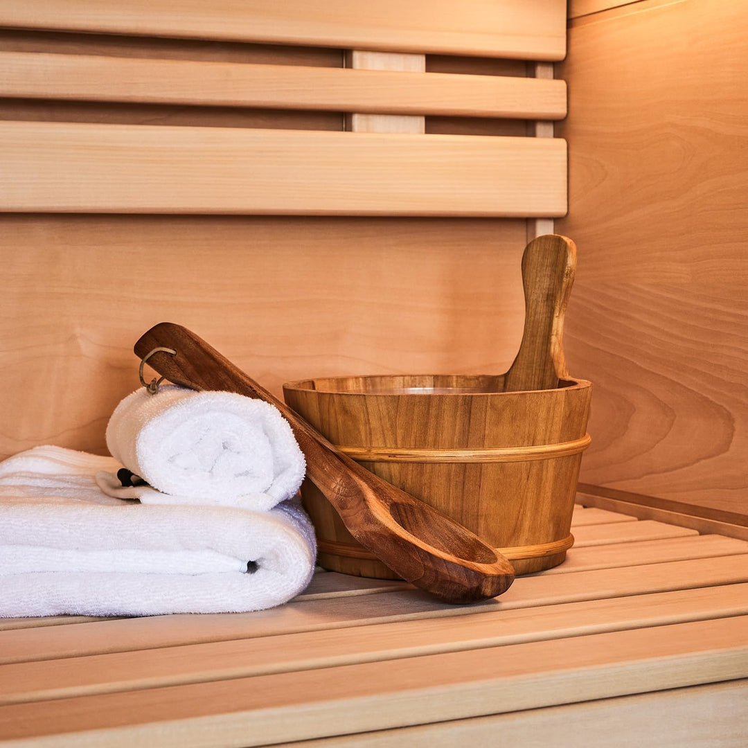 SUNNYDEALS klassisches Saunazubehörset | Saunaset 3-teilig aus red Cedar Holz | Saunaeimer & Kunstst