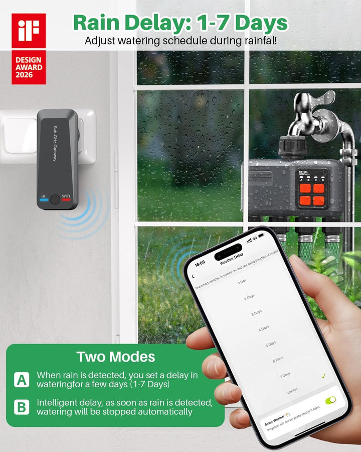 Bewässerungscomputer WLAN 4 Ausgänge mit 300M RF-Technologie, Bewässerungsuhr für Gartenbewässerung