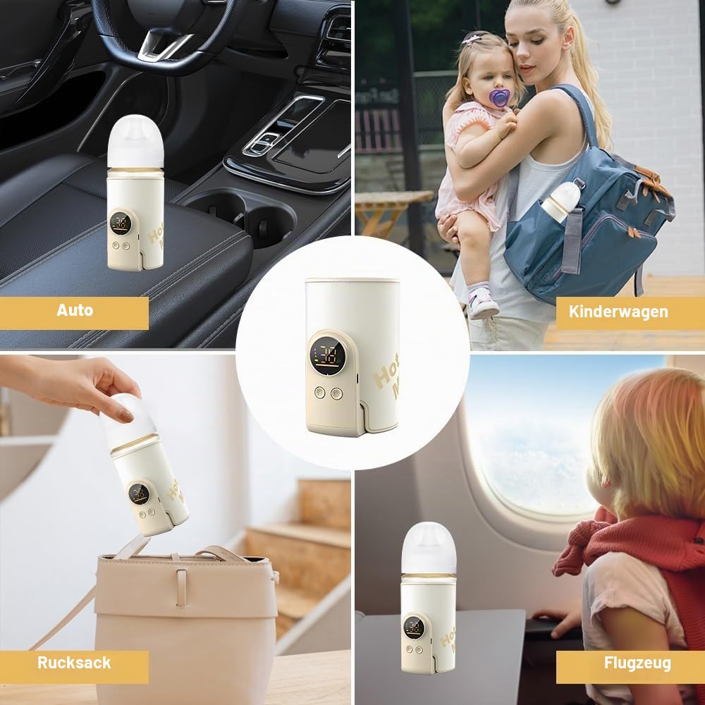 Tragbarer Flaschenwärmer Baby, Flaschenwärmer für Unterwegs, 6 Einstellbare Temperatur 38-50℃, USB-L