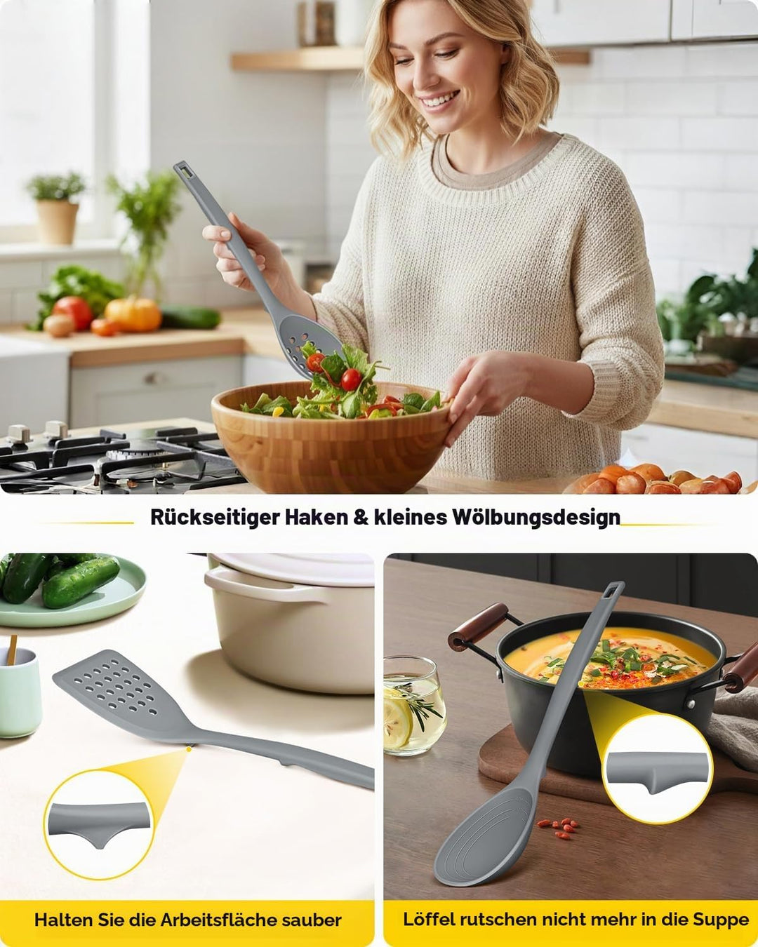 Packung von 4 Silikon Kochgeräte Set, Non-Stick-Festspalten und hitzebeständige Schlitzlöffel mit Rü