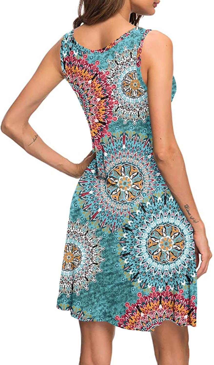 AUSELILY Damen Sommerkleid V-Ausschnitt Strandkleid Ärmellos Swing Kleider mit Taschen S 01 Grün Dru