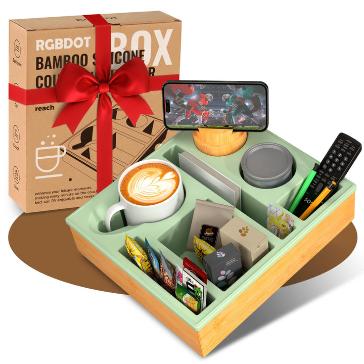 Couchbar Snackbox Silikon sofatablett mit 360 Grad Drehbar Handyhalter beistelltisch mit Holz Sofata