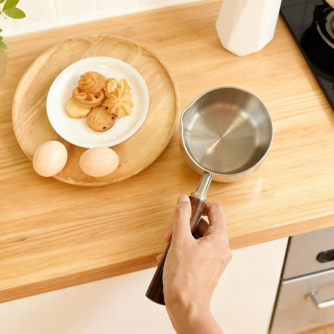 IMEEA Edelstahl Milchkochtopf 500ml mit Holzgriff kleiner Stielkasserolle Induktion geeignet Mini Mi