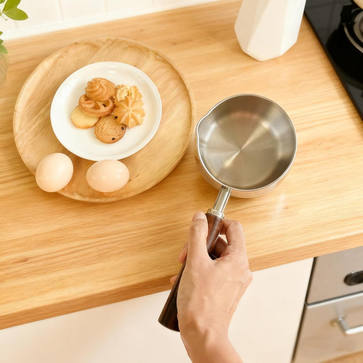 IMEEA Edelstahl Milchkochtopf 500ml mit Holzgriff kleiner Stielkasserolle Induktion geeignet Mini Mi
