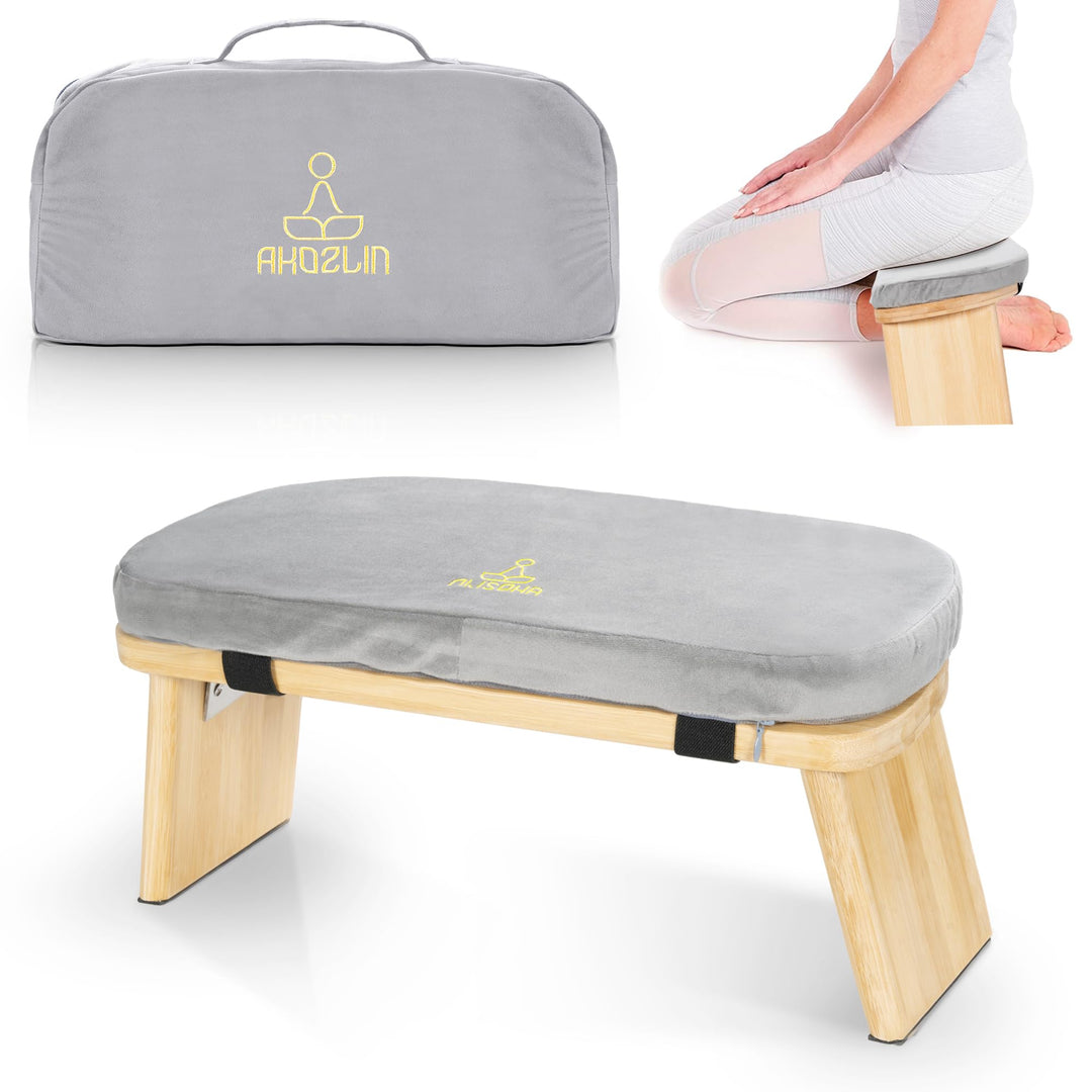 Meditationsbank Klappbar, Ergonomischer Bambus Yoga Hocker, Meditationshocker mit Kissen, Tragbarer