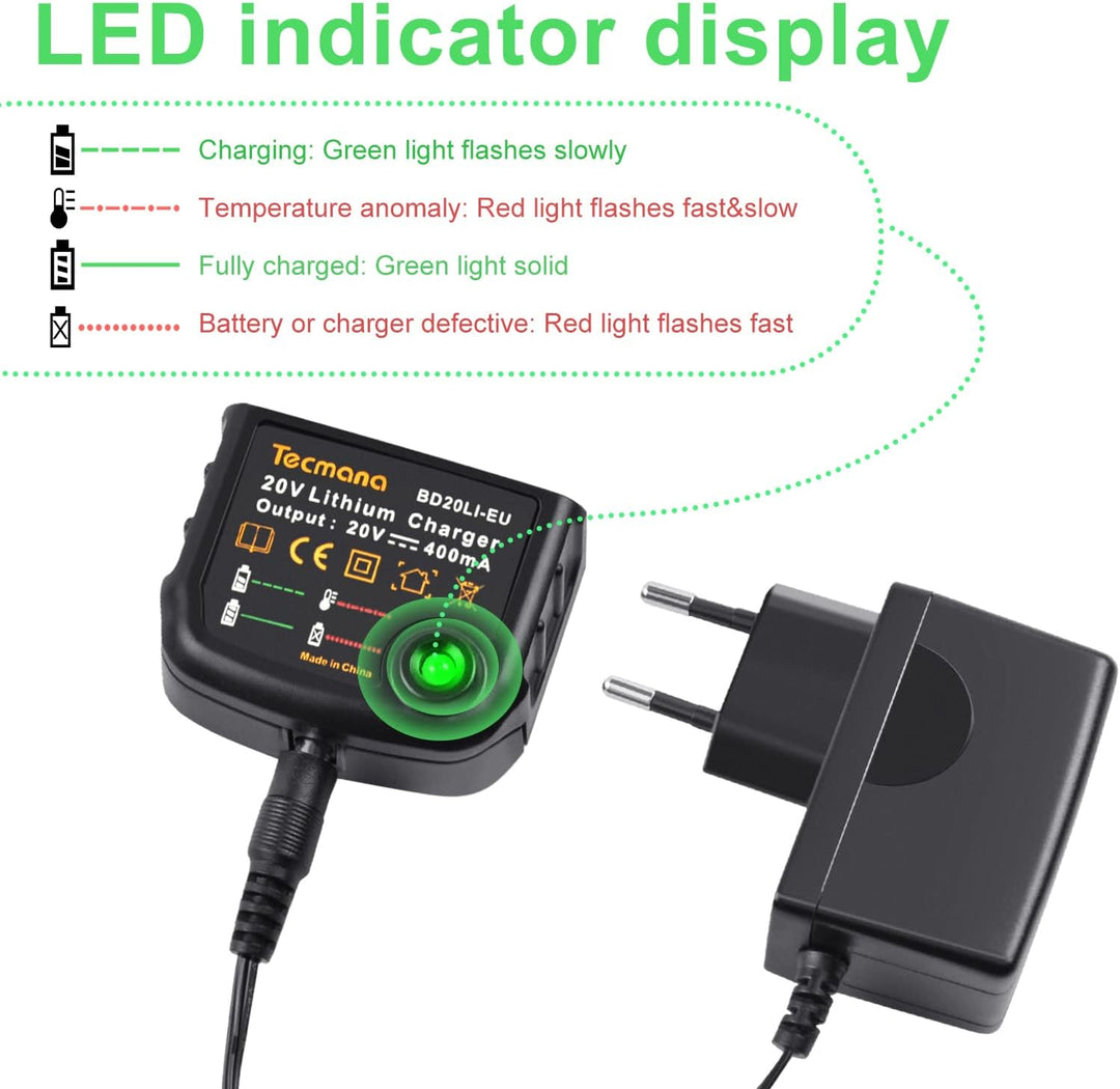 Ladegerät 18V/20V Lithium, Kompatibel mit Black&Decker Lithium-Akku 18V/20V BL2018 LBXR20 LBXR20-OPE