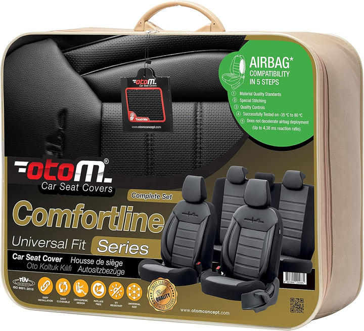 Universelle Leder/Stoff Sitzbezüge 'Comfortline' Schwarz/Grau + Weisses Rand - 11-Teilig- - kompatib