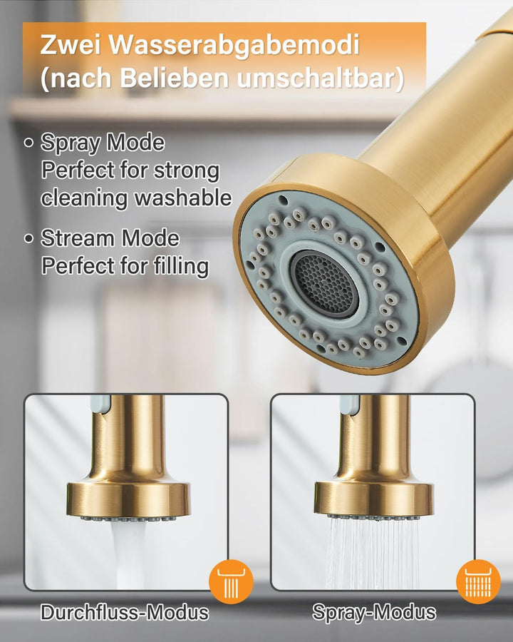 Hbronzeshower Wasserhahn Küche mit Brause ausziehbar, 360° Schwenkbar Küchenarmatur, Gold Einhebel S