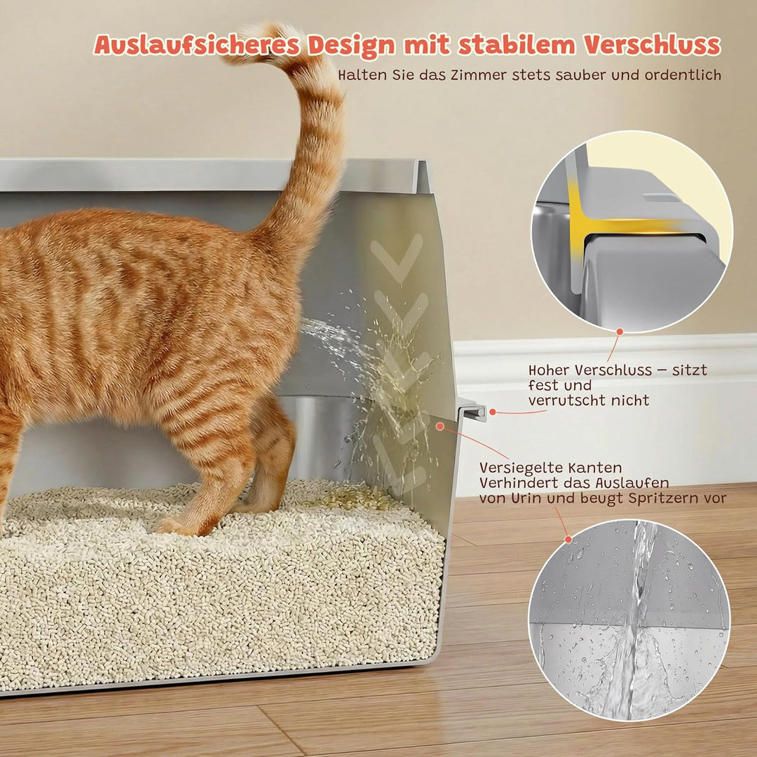 Katzenklo Edelstahl, Katzentoilette Gross XL mit Metall Schaufel, 40L Katzenklo mit Abnehmbares Hohe