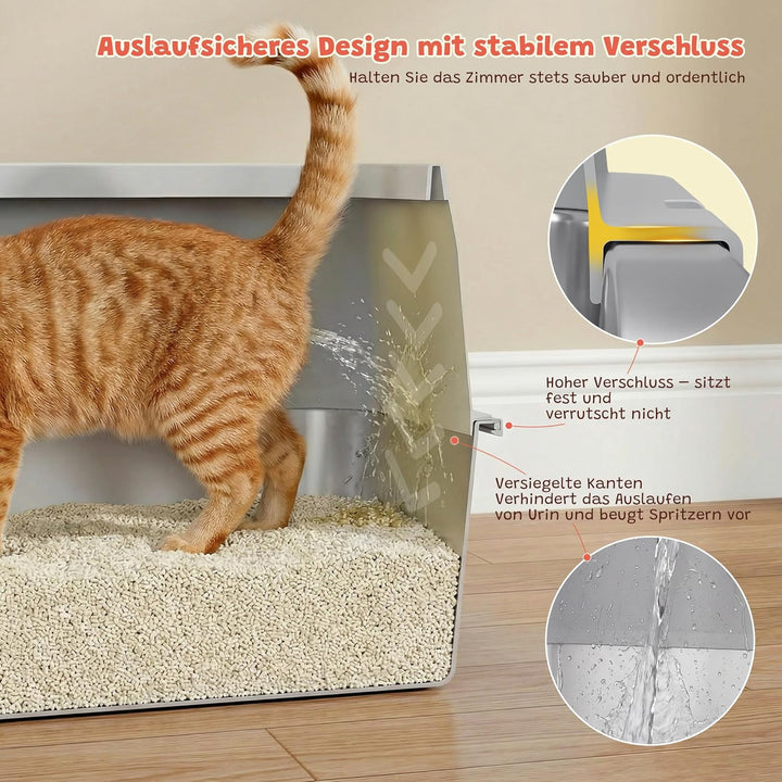 Katzenklo Edelstahl, Katzentoilette Gross XL mit Metall Schaufel, 40L Katzenklo mit Abnehmbares Hohe