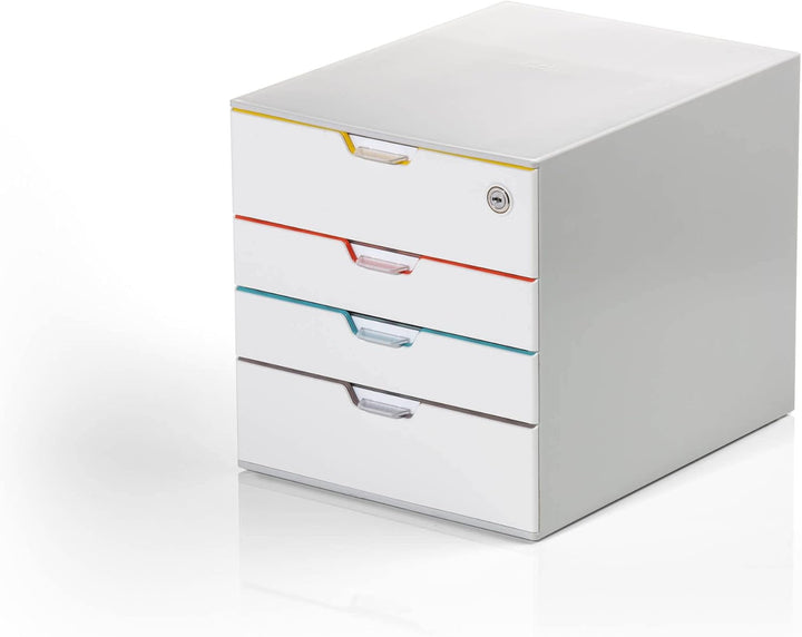 Durable Schubladenbox A4 (Varicolor Mix Safe) 4 Fächer, mit Schloss & Etiketten zur Beschriftung, me