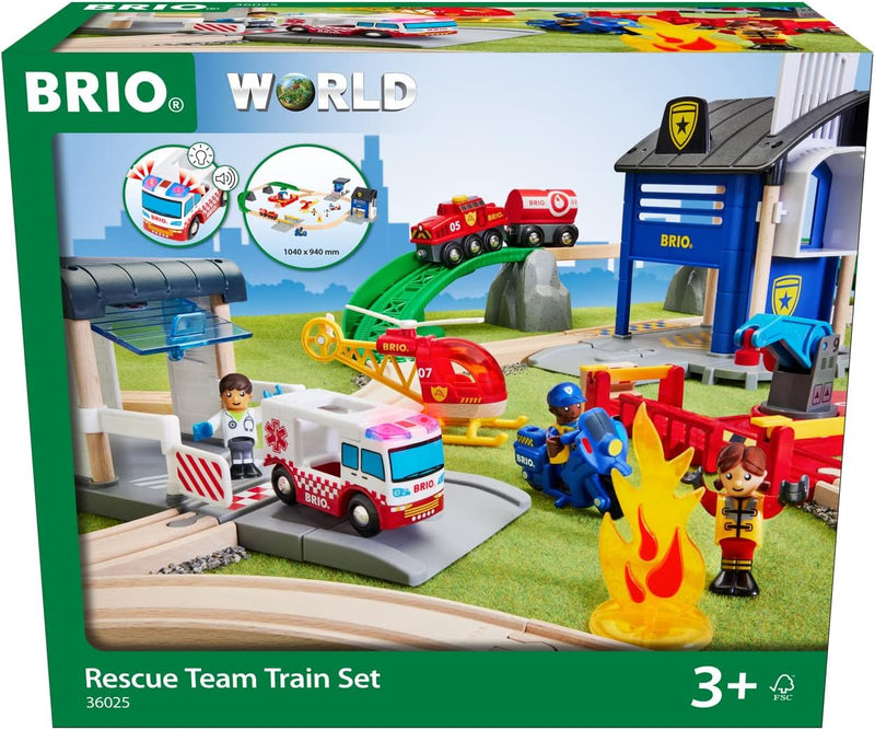 BRIO World 36025 Polizei und Feuerwehr Set Deluxe & 36022 - Rettungshubschrauber - Empfohlen für Kin