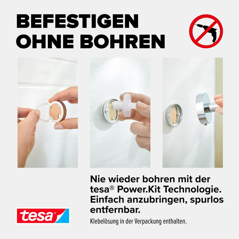 tesa SMOOZ Handtuchstange, verchromt - Badetuchhalter - zur Wandbefestigung ohne Bohren, inkl. Klebe