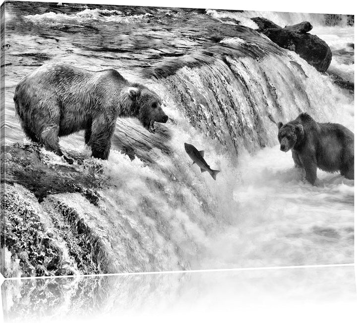 Pixxprint Bären fangen Lachs als Leinwandbild | Grösse: 100x70 | Wandbild| Kunstdruck | fertig bespa