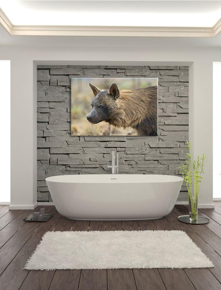 Pixxprint anmutige Hyäne im Wildgras auf Leinwand, XXL riesige Bilder fertig gerahmt mit Keilrahmen,