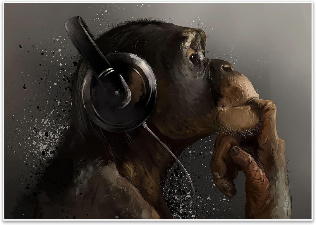 wandmotiv24 Poster als Wanddeko, Grösse Din A1, AFFE mit Kopfhörer, Headset, Musik, Tiere, Affen, Mo