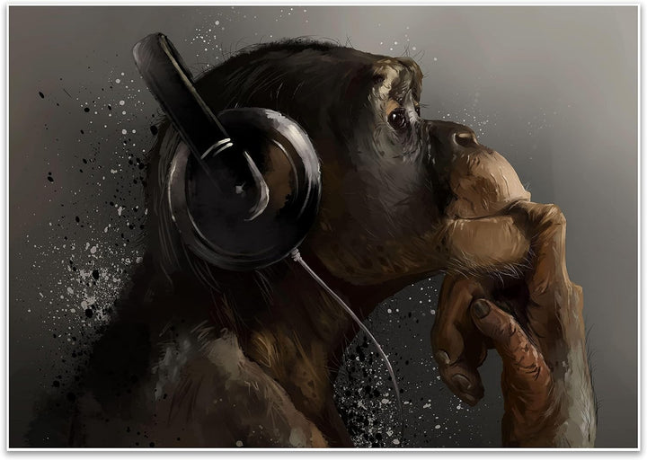 wandmotiv24 Poster als Wanddeko, Grösse Din A1, AFFE mit Kopfhörer, Headset, Musik, Tiere, Affen, Mo