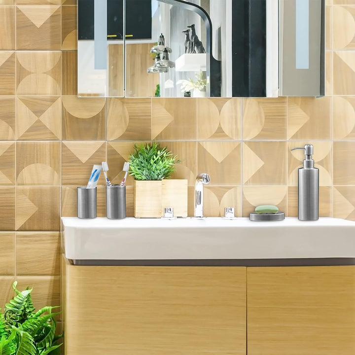 Relaxdays Badezimmer Set, 4-teilig, Badaccessoires Edelstahl gebürstet, komplette Badezimmerausstatt