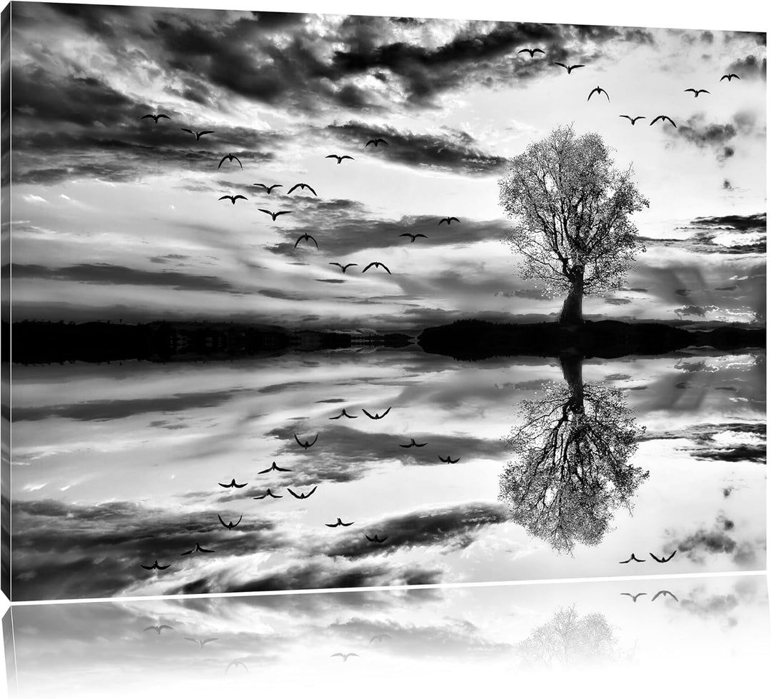 Pixxprint Monocrome, Einsamer Baum spiegelt Sich im Wasser, Format: 100x70 auf Leinwand, XXL riesige