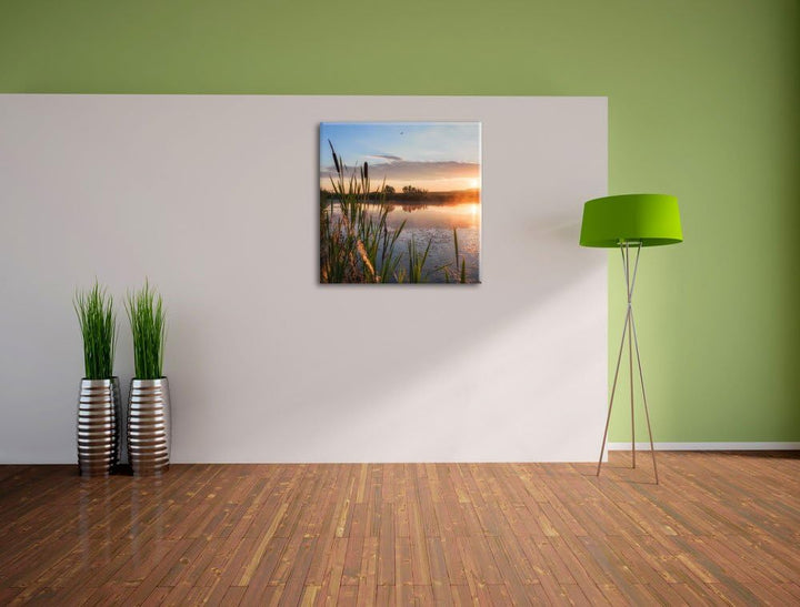 Sonniger Morgen am See, Format: 70x70 auf Leinwand, XXL riesige Bilder fertig gerahmt mit Keilrahmen