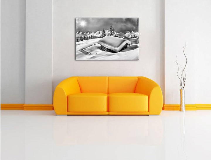 Pixxprint Berghütten Alpen / 100x70cm Leinwandbild bespannt auf Holzrahmen/Wandbild Kunstdruck Dekor