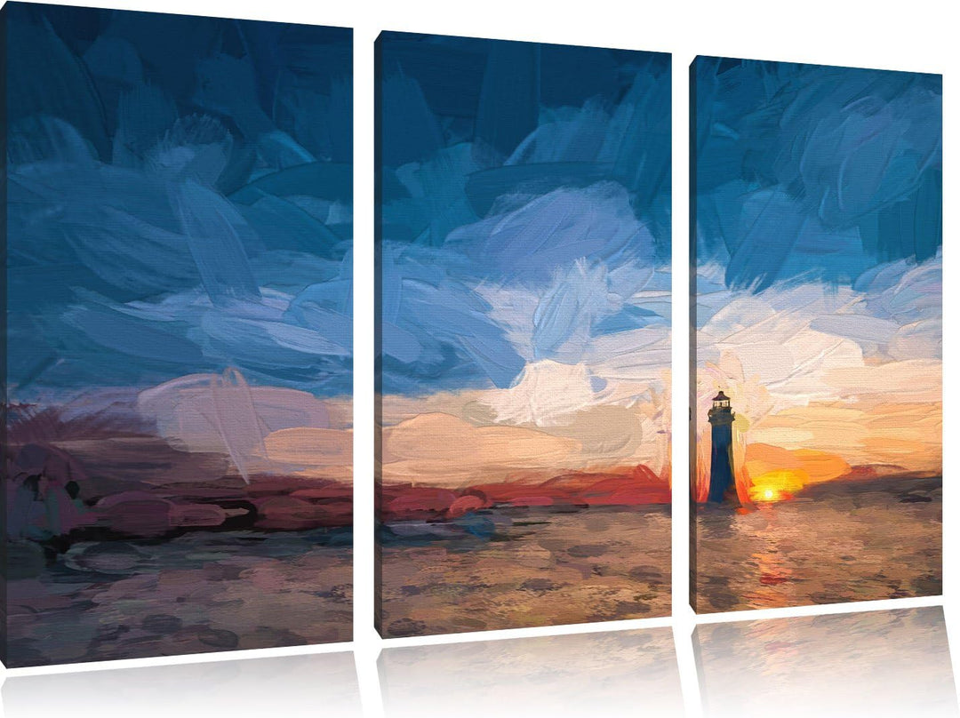 Pixxprint Leuchtturm im Sonnenuntergang als Leinwandbild/Grösse: 3 Teilig (120x80) cm/Wandbild/Kunst