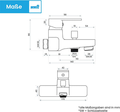 Bächlein Universal Badewannenarmatur Junias in Kantigem Design – Wannenbatterie Komplettset inkl. al